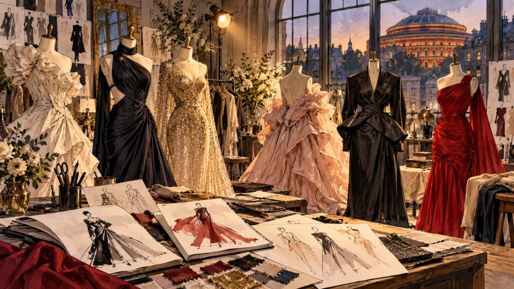 Editorial illustration of fashion mannequins and design sketches in a London studio