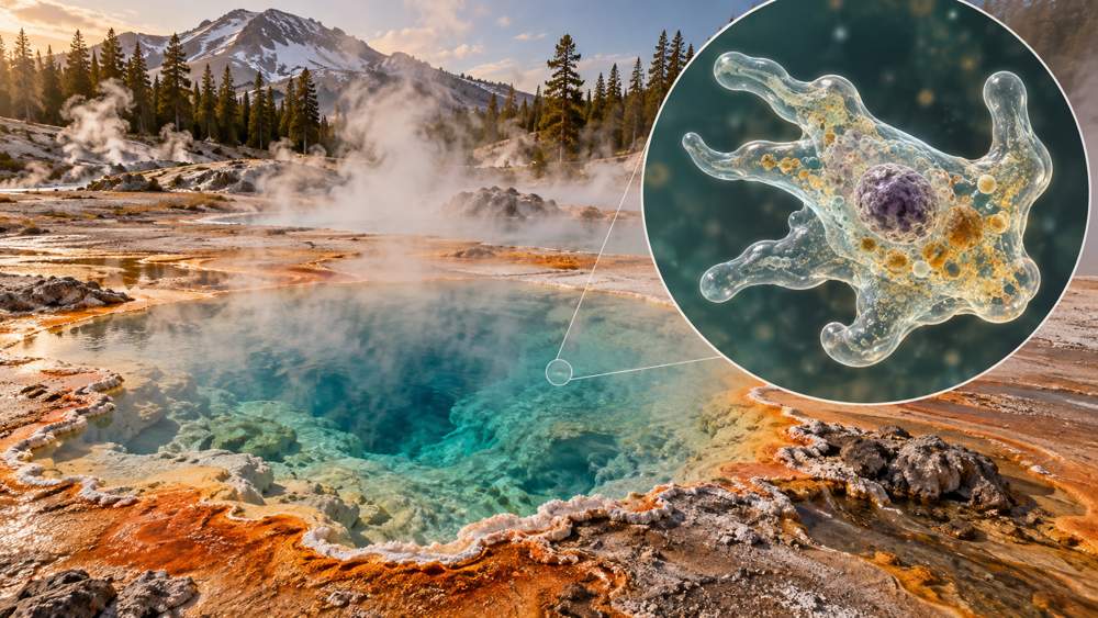 Conceptual illustration of a heat-tolerant amoeba beside a steaming geothermal pool