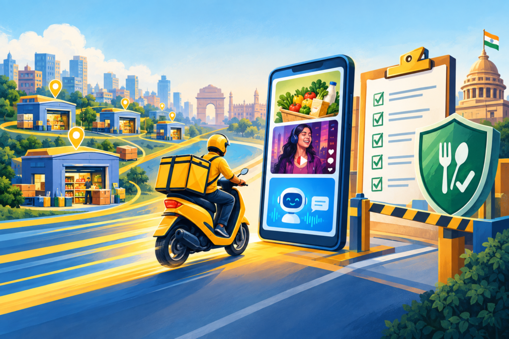 Editorial illustration of quick-commerce delivery, mobile entertainment and an AI shopping assistant approaching a food-safety compliance checkpoint.