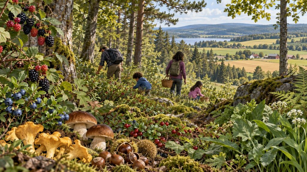 Editorial illustration of wild berries, nuts and mushrooms at a forest edge with people gathering at a distance