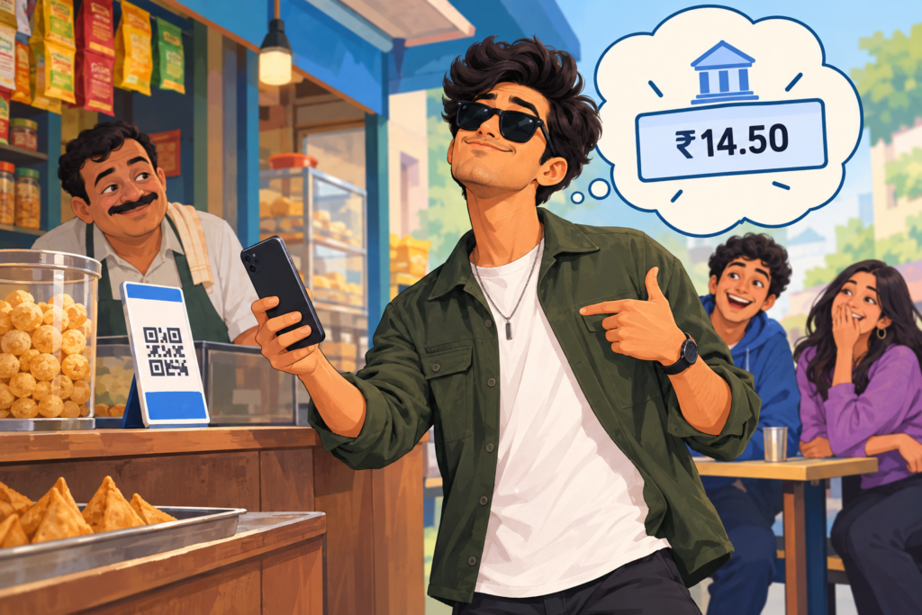 Illustration of a confident shopper scanning a payment code while a comic bubble reveals a bank balance of ₹14.50.