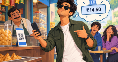 Illustration of a confident shopper scanning a payment code while a comic bubble reveals a bank balance of ₹14.50.