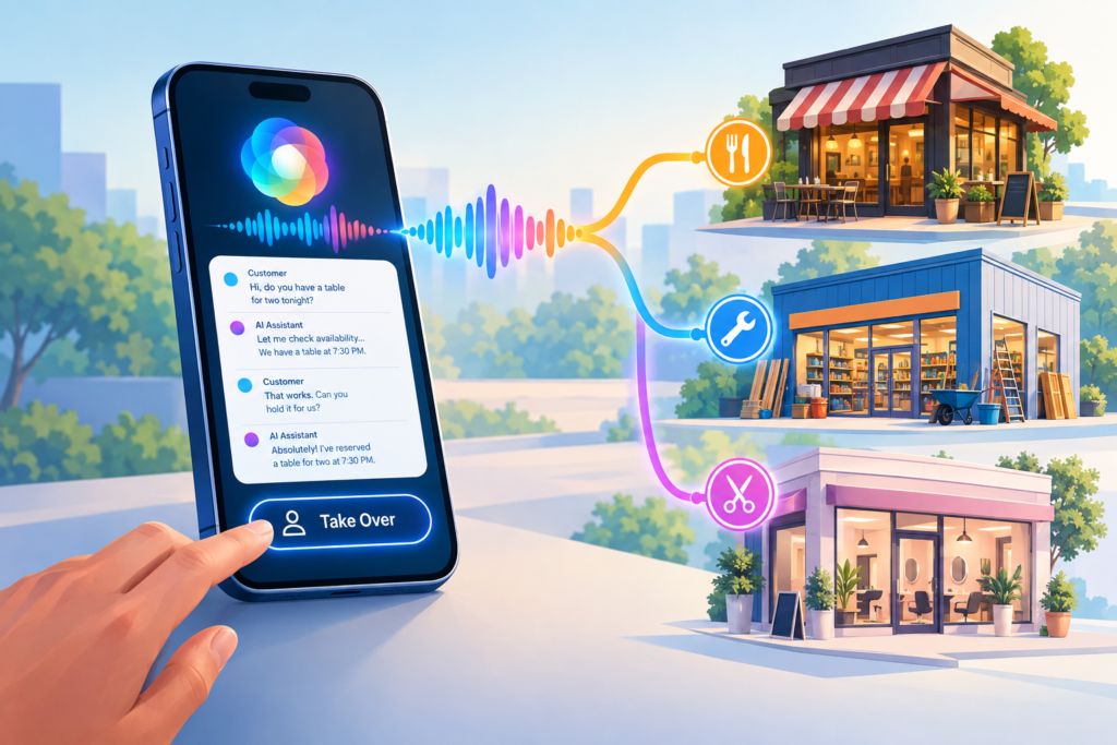 Illustration of an AI assistant using a smartphone to call several local businesses while the user monitors a transcript and takeover control.