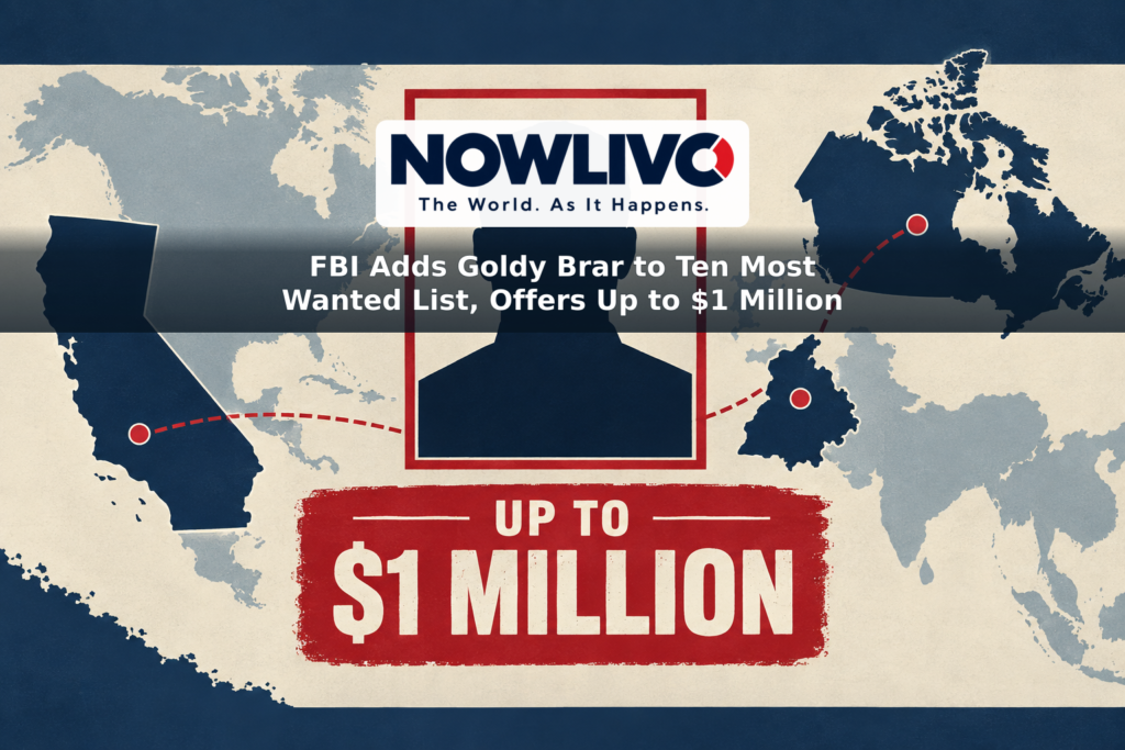 Conceptual illustration of a blank wanted notice, a map linking California, Punjab and Canada, and an up-to-$1-million reward label.
