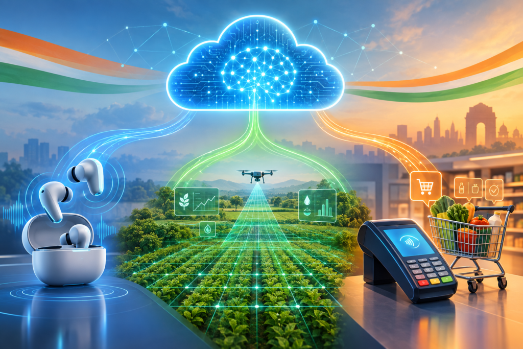 Illustration of a cloud AI hub connecting smart earbuds, a data-mapped farm and an automated merchant payment system in India.