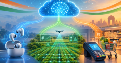 Illustration of a cloud AI hub connecting smart earbuds, a data-mapped farm and an automated merchant payment system in India.