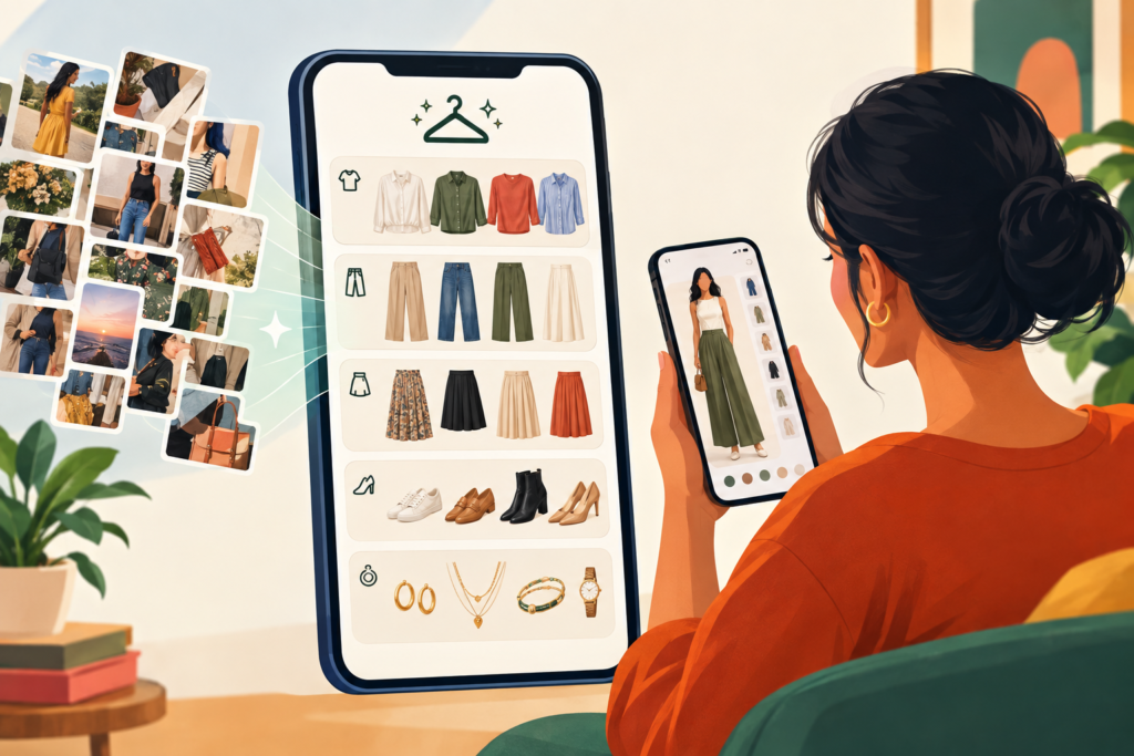 Illustration of a smartphone turning clothing from photo thumbnails into an organized digital wardrobe and virtual outfit preview.