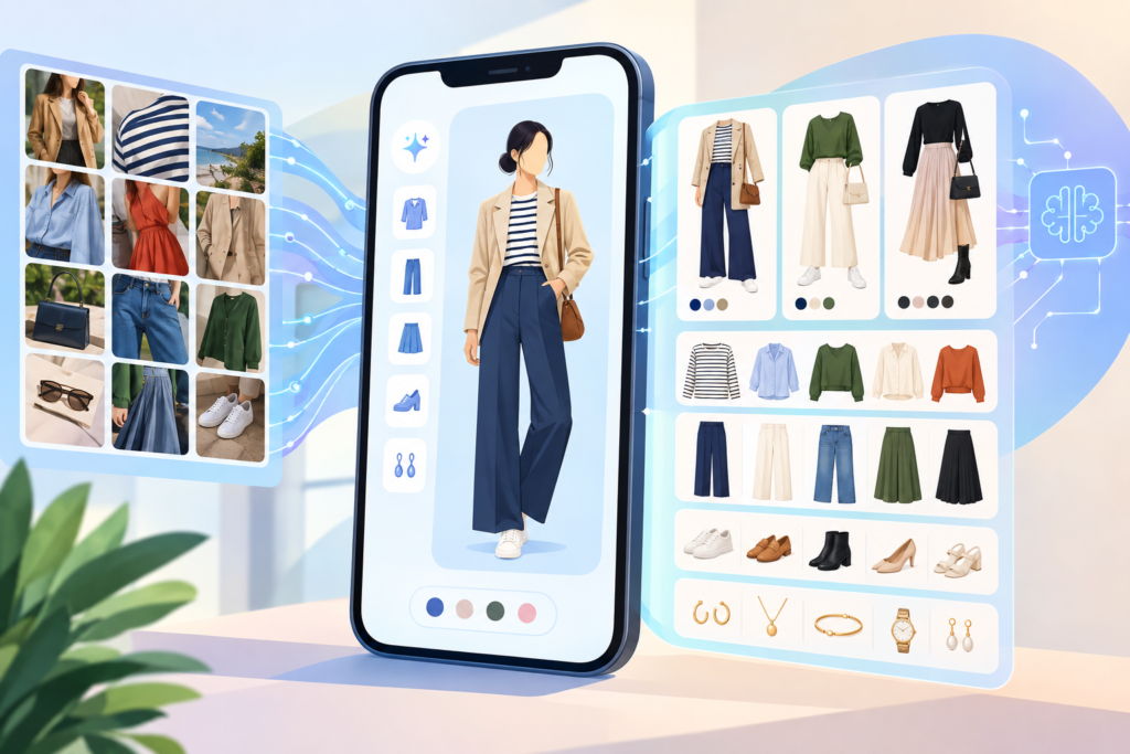 Illustration of a smartphone organising clothes from photo thumbnails into a digital wardrobe with outfit and virtual try-on previews.