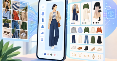 Illustration of a smartphone organising clothes from photo thumbnails into a digital wardrobe with outfit and virtual try-on previews.