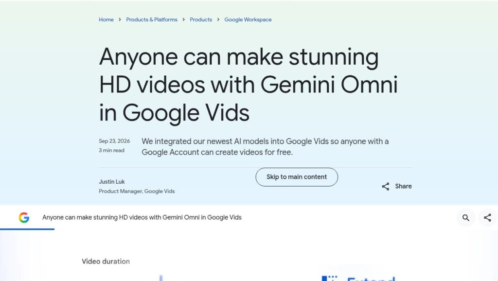 Official Google Vids product graphic showing video duration, extension and 1080p resolution controls