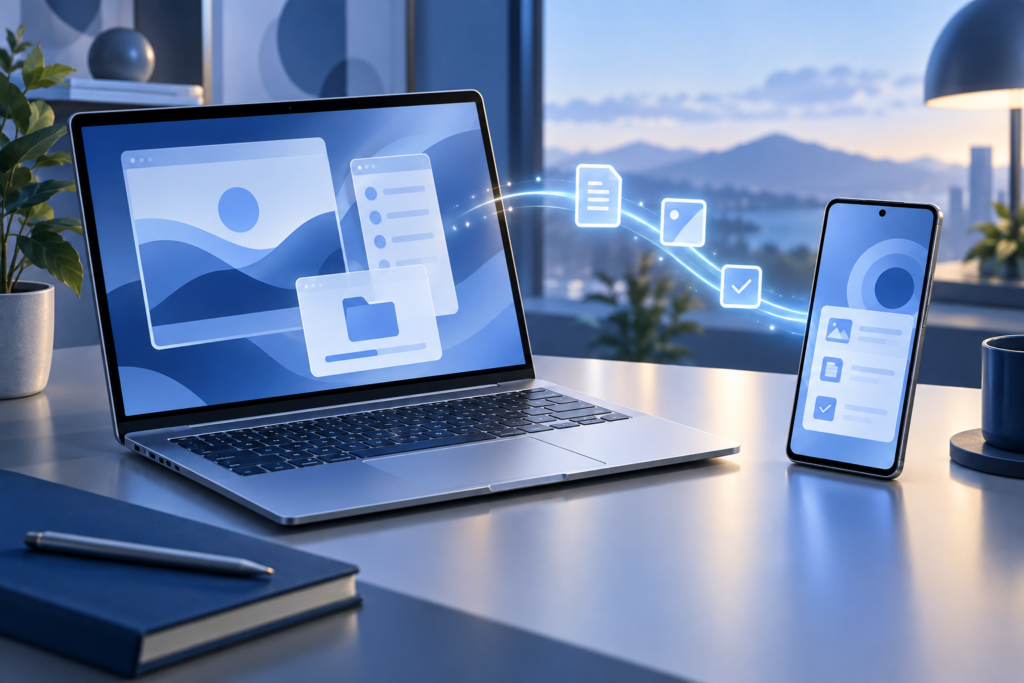 AI-created editorial illustration of a laptop and phone with a conceptual file handoff, not an actual Googlebook product photo
