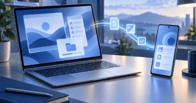 AI-created editorial illustration of a laptop and phone with a conceptual file handoff, not an actual Googlebook product photo