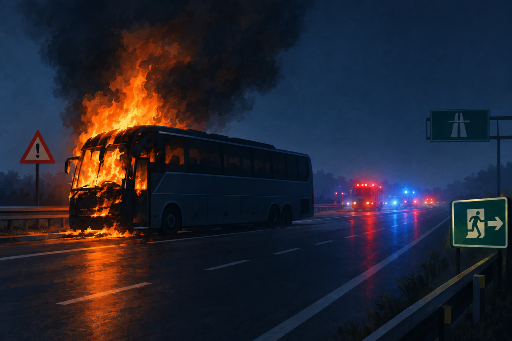 Editorial illustration of a sleeper bus fire on an expressway at night with emergency lights and road-safety symbols.