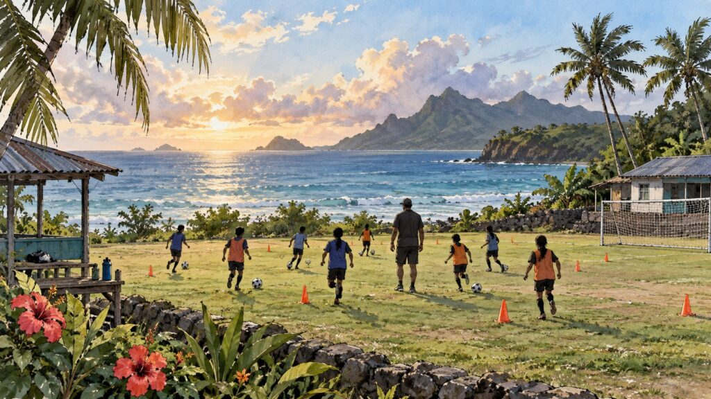 Illustration of children training on a football field on a Pacific island