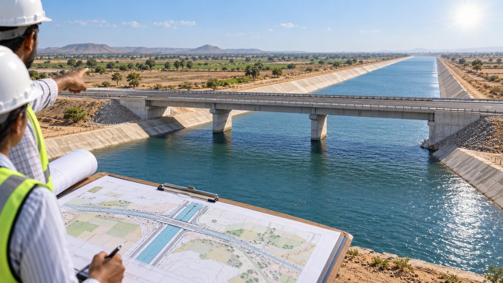 Illustration of engineers reviewing a highway bridge crossing an irrigation canal in Gujarat
