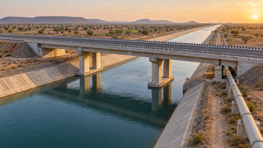 Conceptual illustration of a highway bridge crossing an irrigation canal in Gujarat