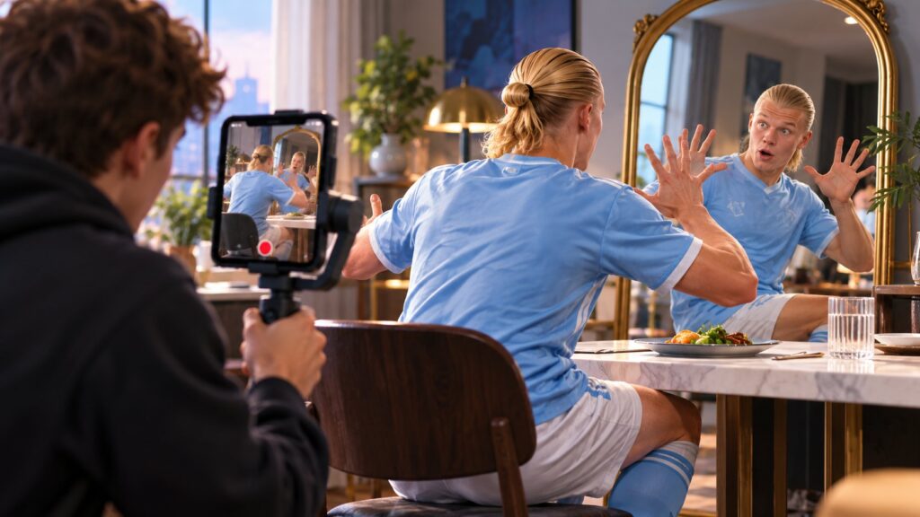 Editorial illustration of a footballer filming a playful mirror reaction at a dining table