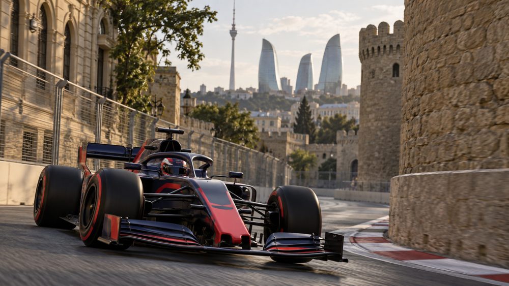 Illustrated open-wheel racing car on a Baku street circuit beside old stone walls