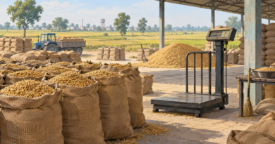 AI editorial illustration of paddy sacks and a weighing scale in a Haryana-style grain market; no actual protest shown