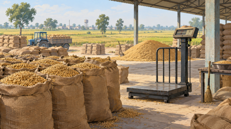 AI editorial illustration of paddy sacks and a weighing scale in a Haryana-style grain market; no actual protest shown