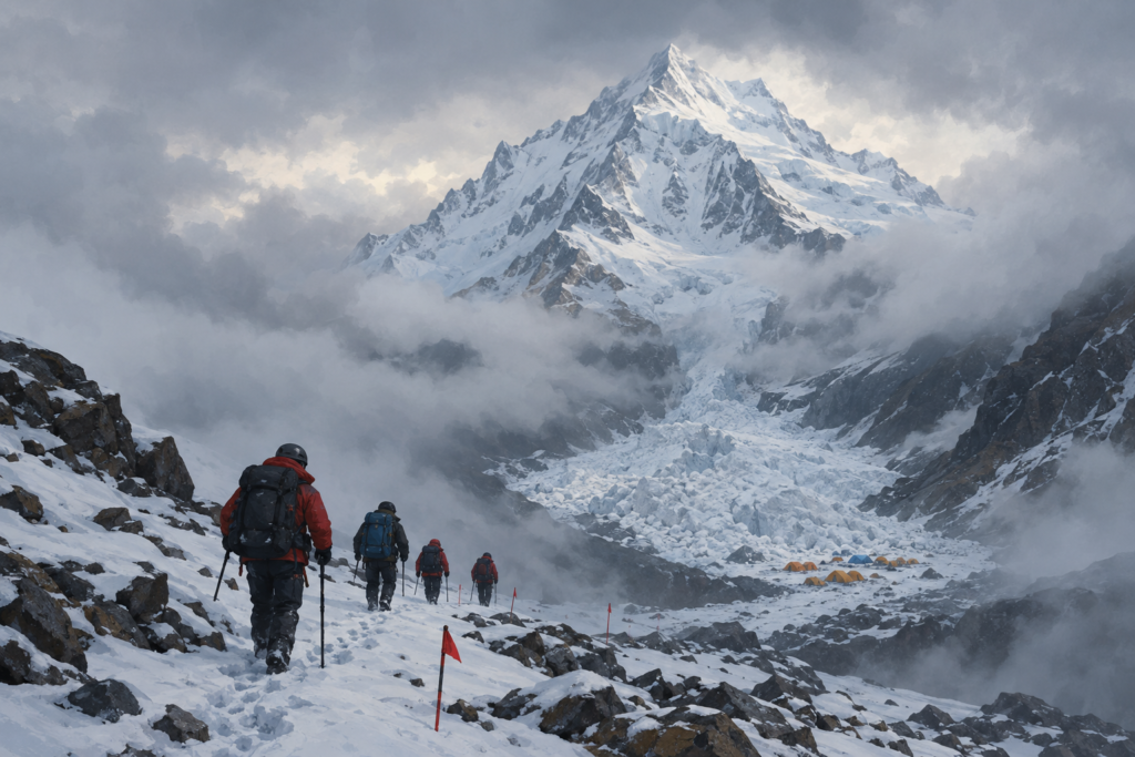 Illustration of a small rescue team approaching a snow-covered Himalayan base camp beneath cloudy skies.