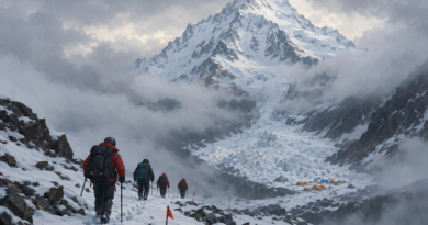 Illustration of a small rescue team approaching a snow-covered Himalayan base camp beneath cloudy skies.