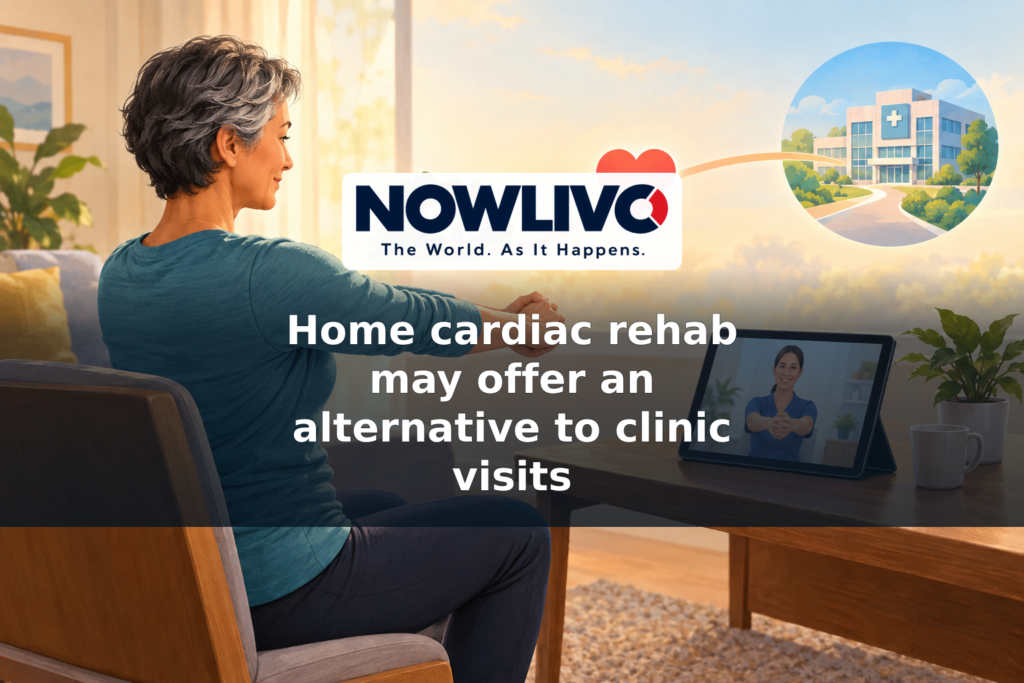 Illustration of a person exercising at home with remote guidance, with a path linking the home to a cardiac rehabilitation clinic.