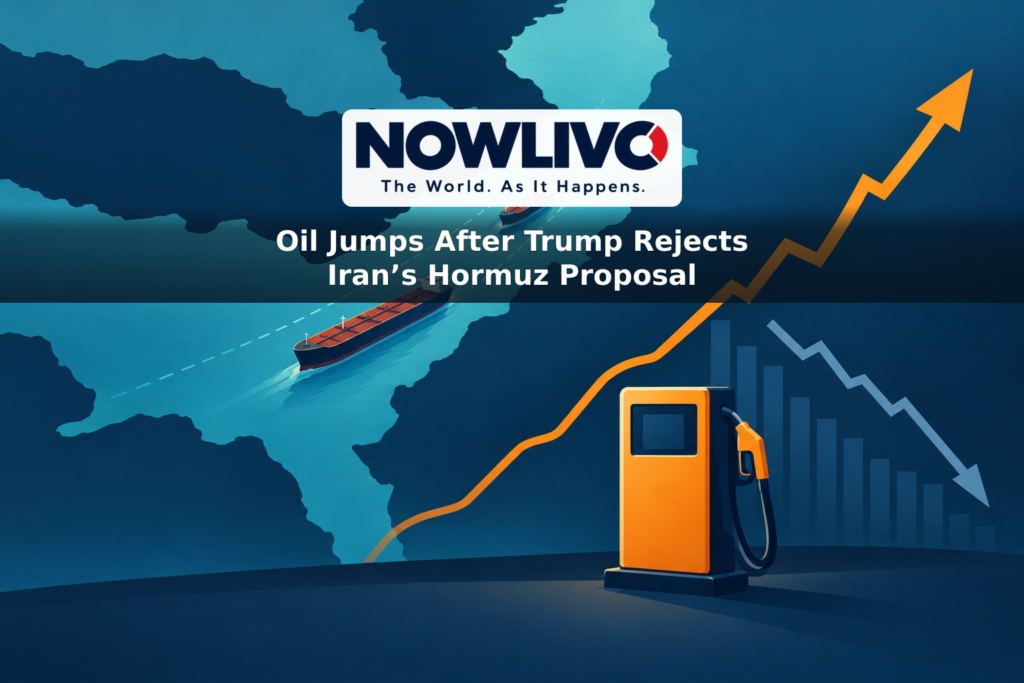 Conceptual illustration of oil tankers near the Strait of Hormuz, a rising oil-price line, a falling stock-market line and a gasoline pump.