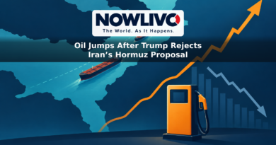 Conceptual illustration of oil tankers near the Strait of Hormuz, a rising oil-price line, a falling stock-market line and a gasoline pump.