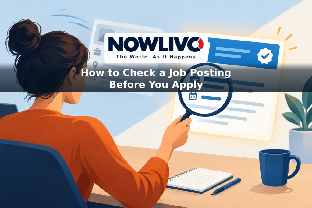 Illustration of a job seeker checking a job listing against a company careers page while an outdated-looking listing fades into the background.