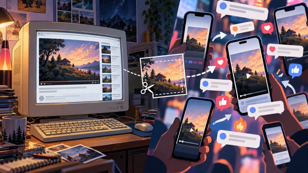 Editorial illustration of a longer video being cropped into a thumbnail and debated across phone feeds