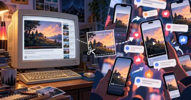 Editorial illustration of a longer video being cropped into a thumbnail and debated across phone feeds