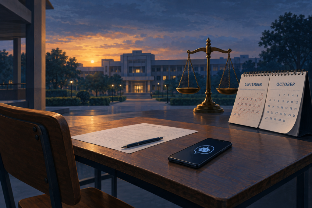 Conceptual illustration of an empty exam desk, an AI-enabled phone, an October calendar and scales symbolizing IIT Bombay’s procedural review.