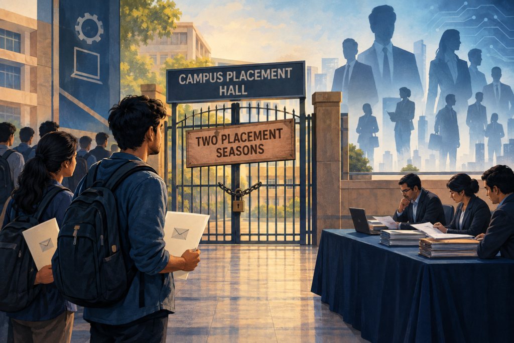 Illustration of engineering graduates holding offer letters outside a temporarily closed campus recruitment gate while a placement committee reviews company files.