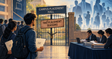 Illustration of engineering graduates holding offer letters outside a temporarily closed campus recruitment gate while a placement committee reviews company files.