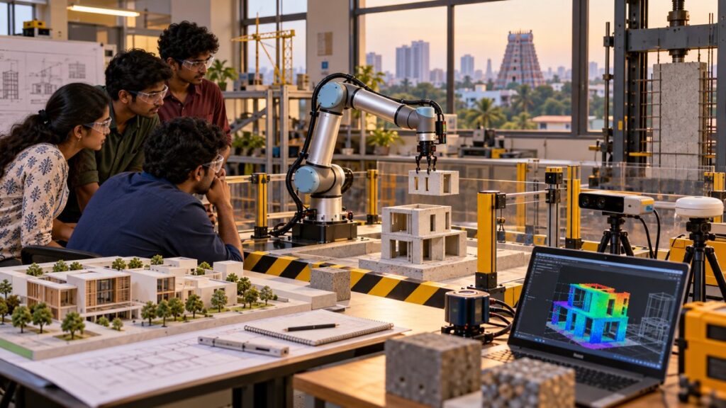 Editorial illustration of engineering students observing a robotic arm handling model building components