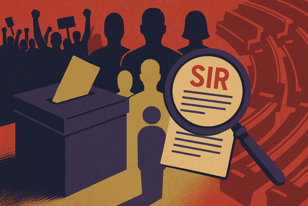 Conceptual illustration of a ballot box and 'SIR' document under a magnifying glass, three abstract commissioner silhouettes, protesters and parliament benches in the background.