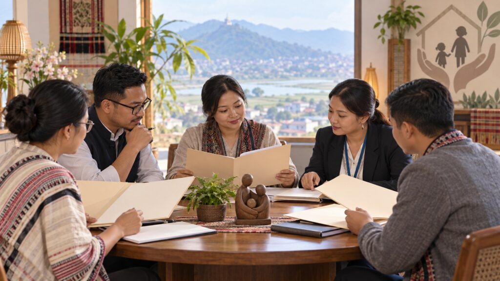 Editorial illustration of child-protection professionals discussing adoption procedures at a roundtable