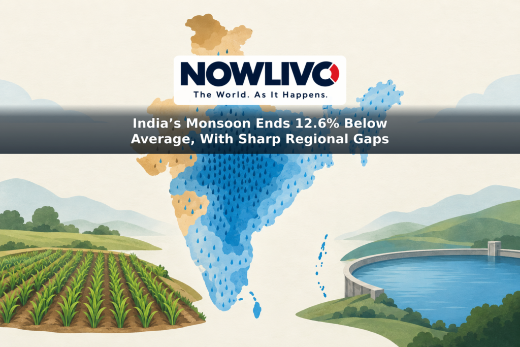 Illustrated map of India with uneven rain patterns and small crop and reservoir symbols representing the monsoon’s regional effects.