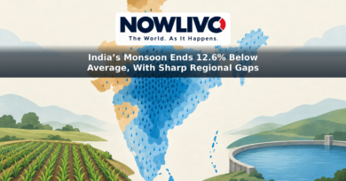 Illustrated map of India with uneven rain patterns and small crop and reservoir symbols representing the monsoon’s regional effects.
