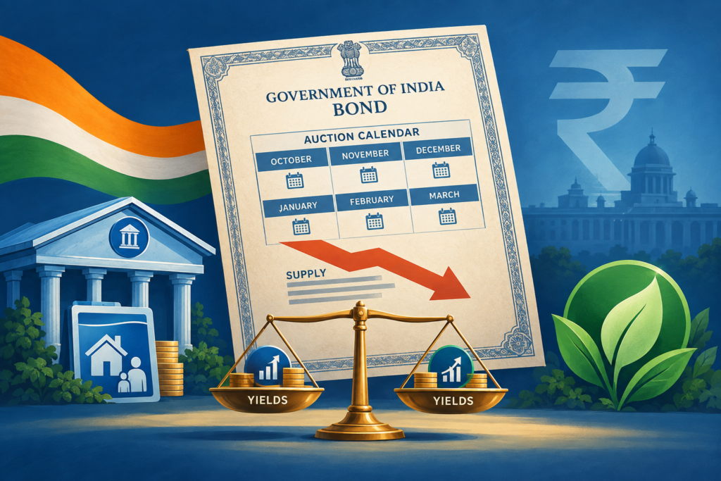 Illustration of India’s October-to-March government bond sales plan and its possible effects on yields, the rupee and household loans