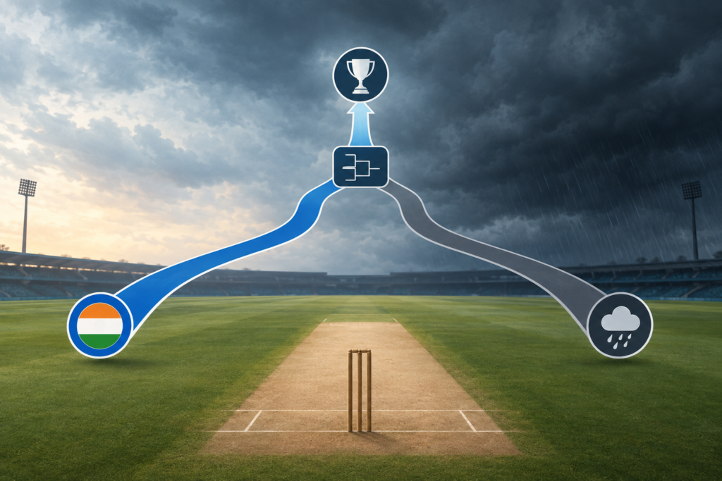 Illustration of a rain-covered cricket pitch and tournament bracket showing India advancing after an abandoned quarter-final.