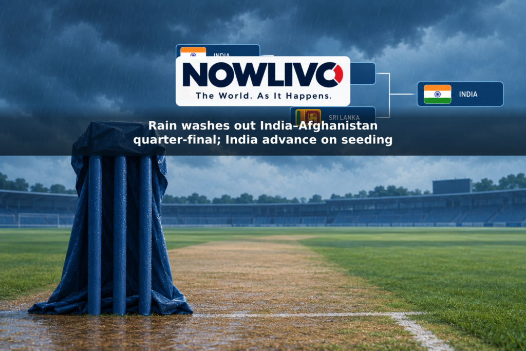Illustration of a rain-covered cricket pitch and a tournament bracket showing India advancing from an unplayed quarter-final against Afghanistan.