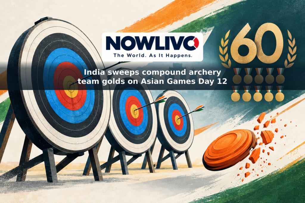 Illustration of three archery targets, a clay shooting target and an abstract medal tally representing India’s Day 12 Asian Games results.