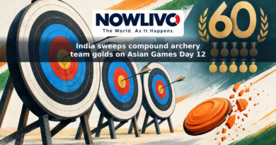 Illustration of three archery targets, a clay shooting target and an abstract medal tally representing India’s Day 12 Asian Games results.