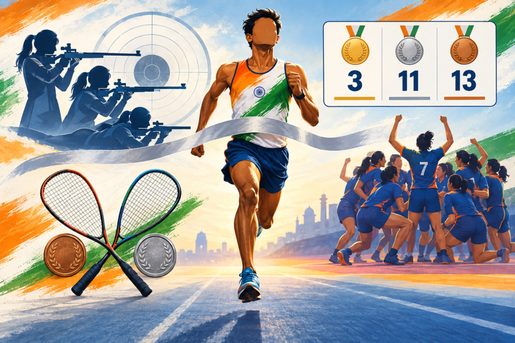 Illustration of an Indian marathon runner, shooters, squash rackets and kabaddi players beside a medal tally of three gold, 11 silver and 13 bronze.