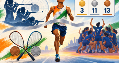 Illustration of an Indian marathon runner, shooters, squash rackets and kabaddi players beside a medal tally of three gold, 11 silver and 13 bronze.