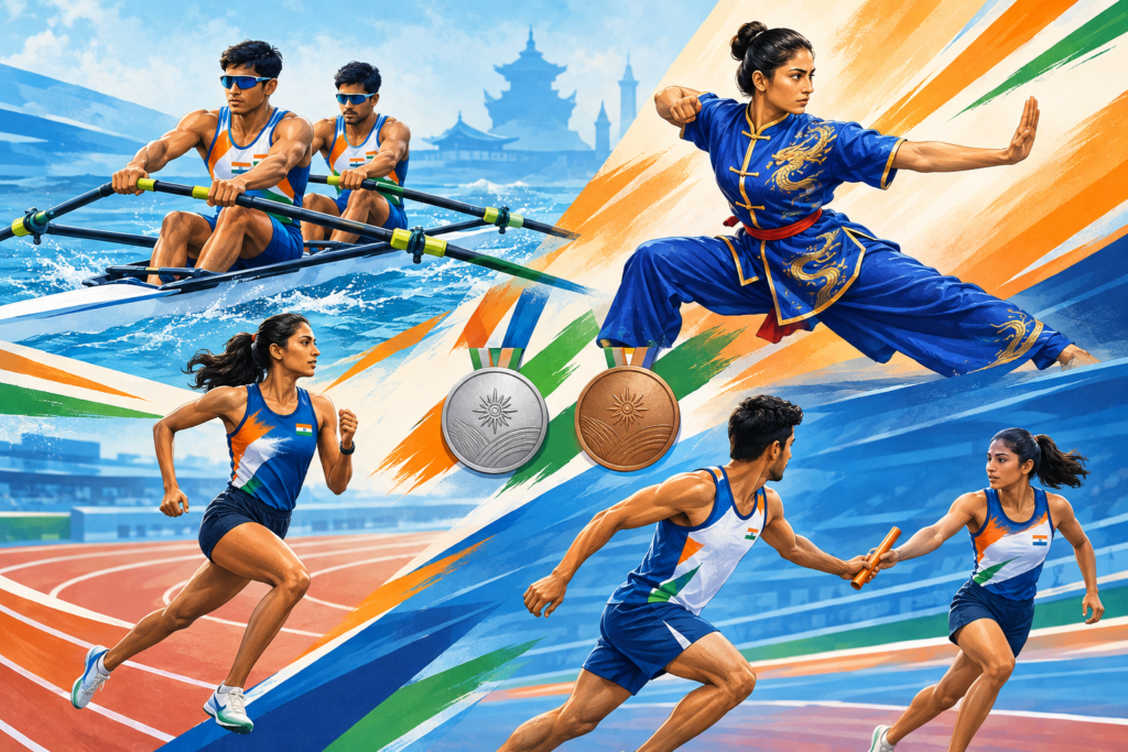 Editorial illustration of Indian athletes competing in rowing, wushu, the 10,000 metres and a mixed 4x400 metre relay.