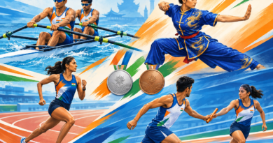 Editorial illustration of Indian athletes competing in rowing, wushu, the 10,000 metres and a mixed 4x400 metre relay.
