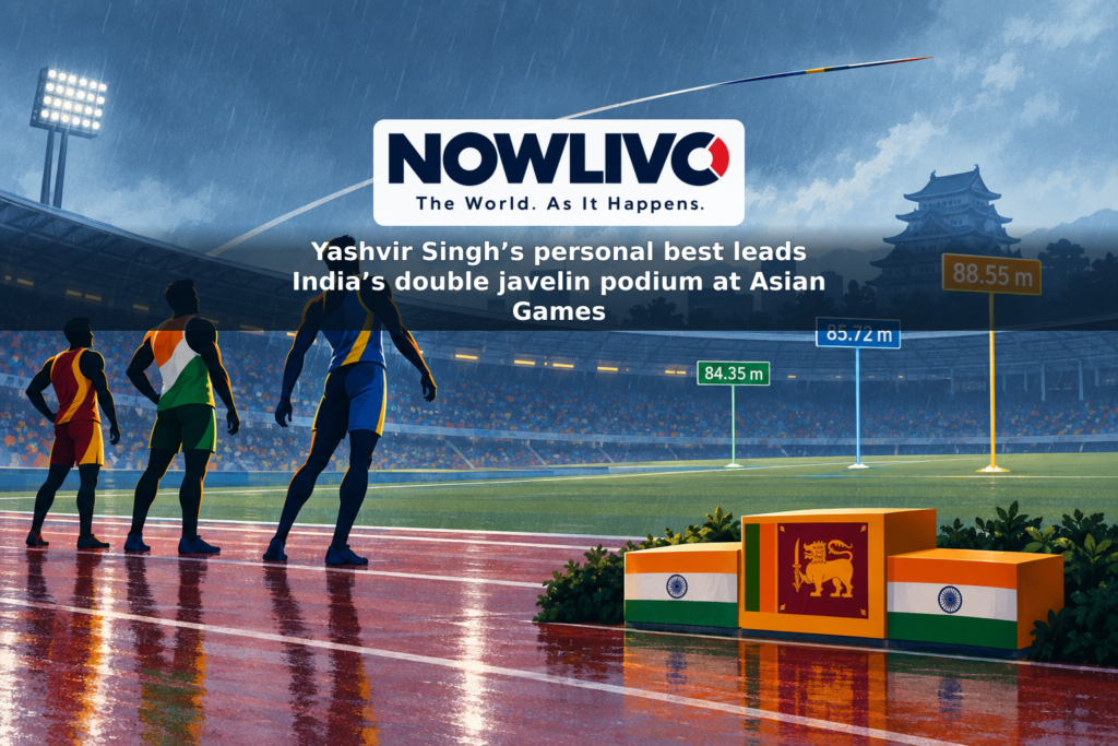 Illustration of a javelin above a stadium runway with stylised podium figures and the three medal-winning distances.